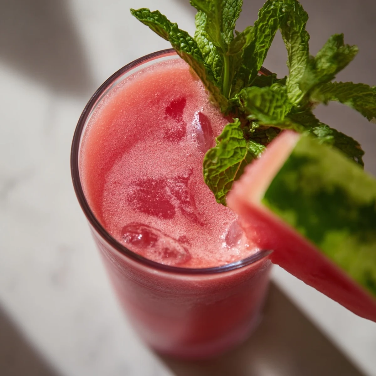 Refreshing watermelon mint hydration smoothie poured into chilled glasses with lime wheel garnish