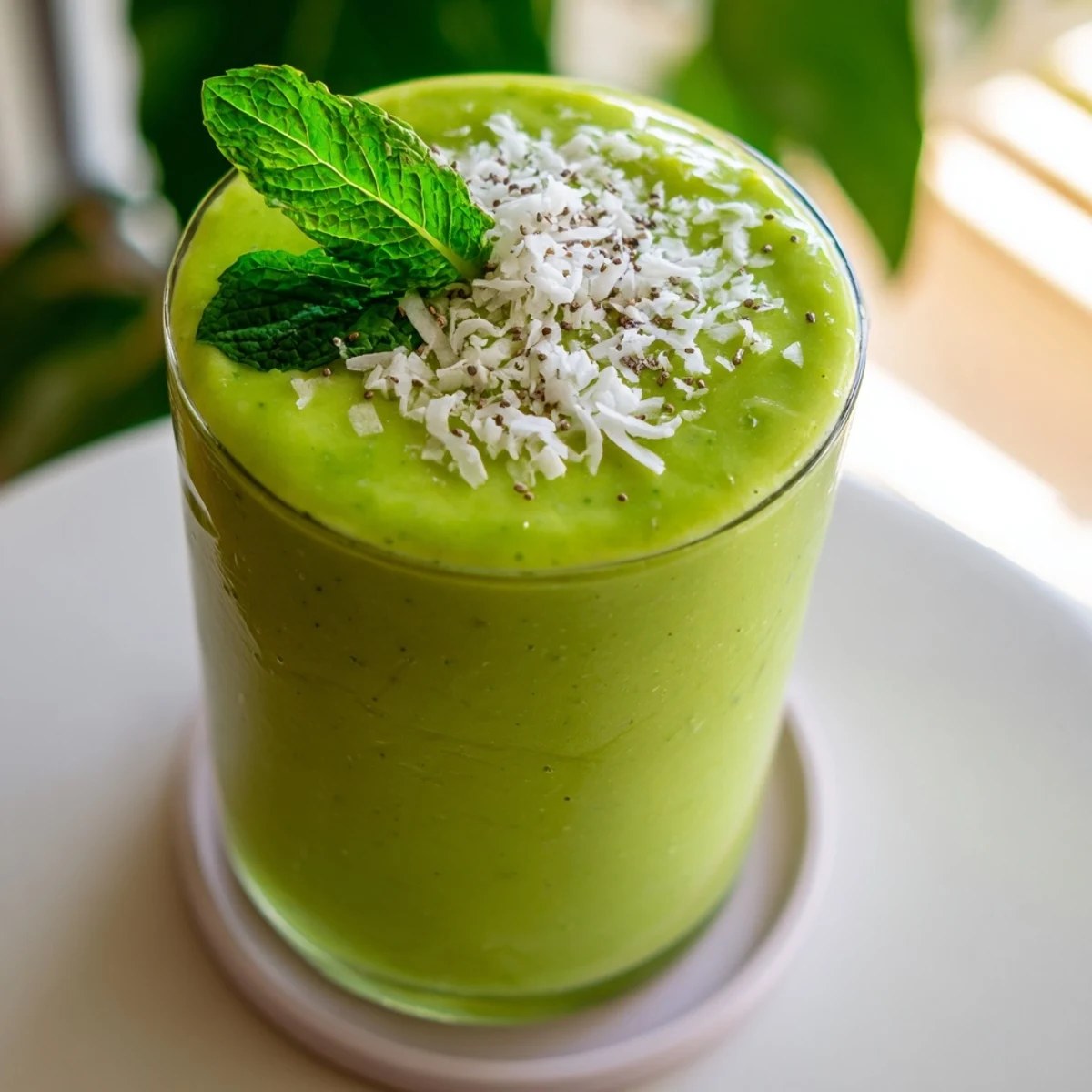 Thick creamy mango coconut green smoothie poured into a glass with vibrant yellow-green color