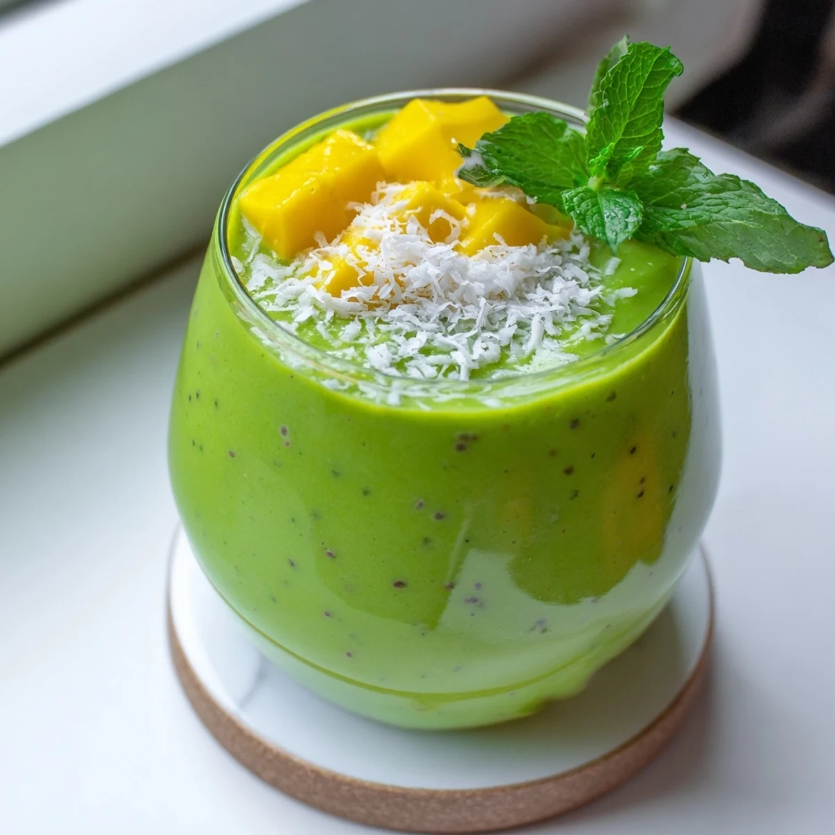 Refreshing mango coconut green smoothie in a tall glass showcasing smooth texture and bright hues