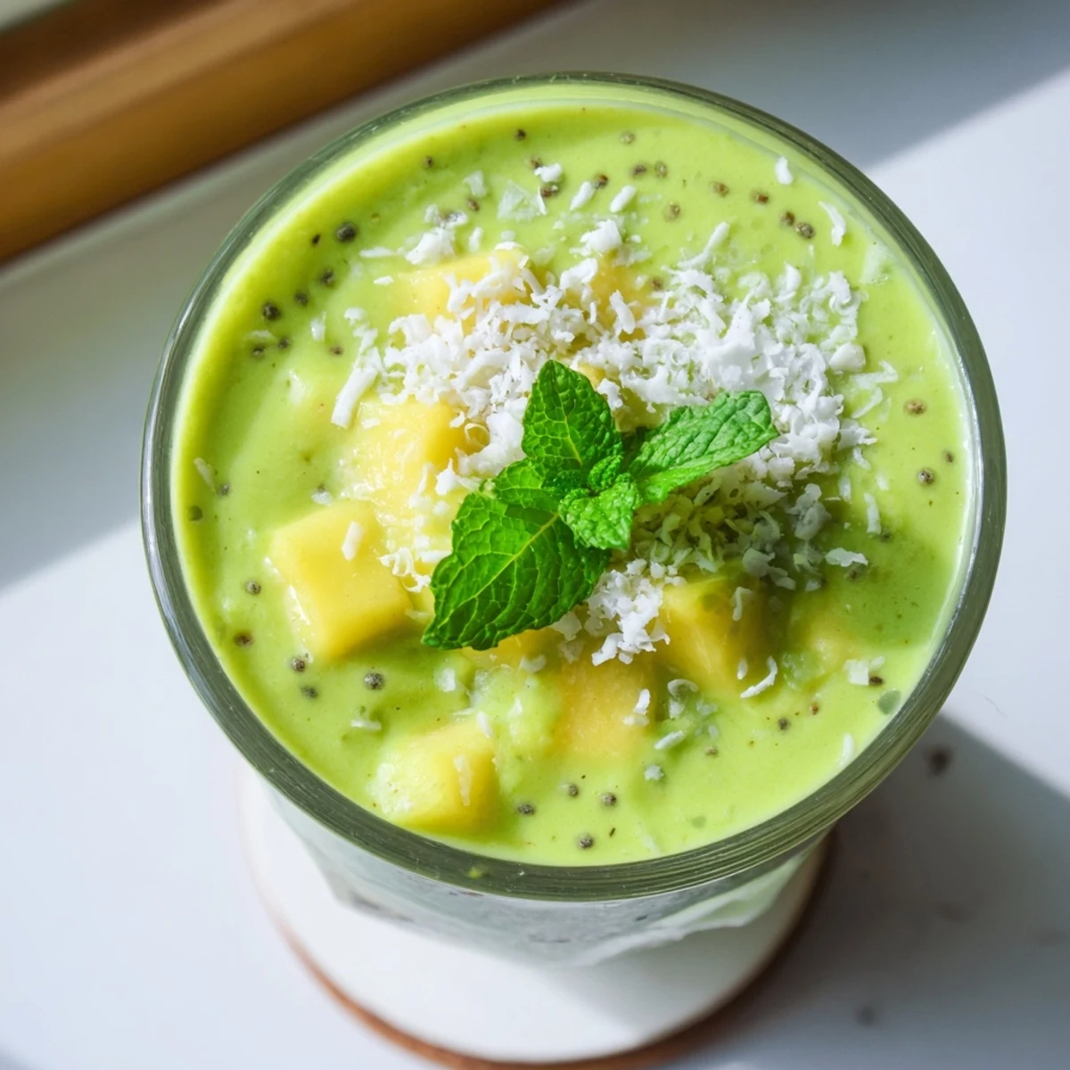 Tropical mango coconut green smoothie blended with fresh spinach and topped with shredded coconut