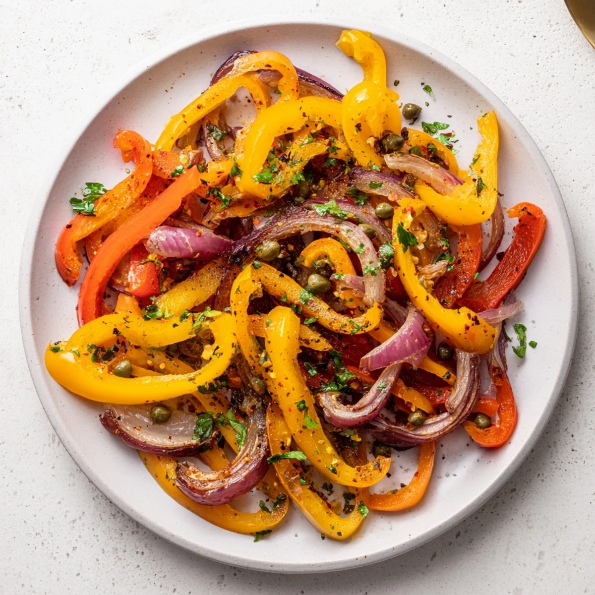 Colorful smoky roasted bell pepper medley with tender charred vegetables and fresh parsley garnish