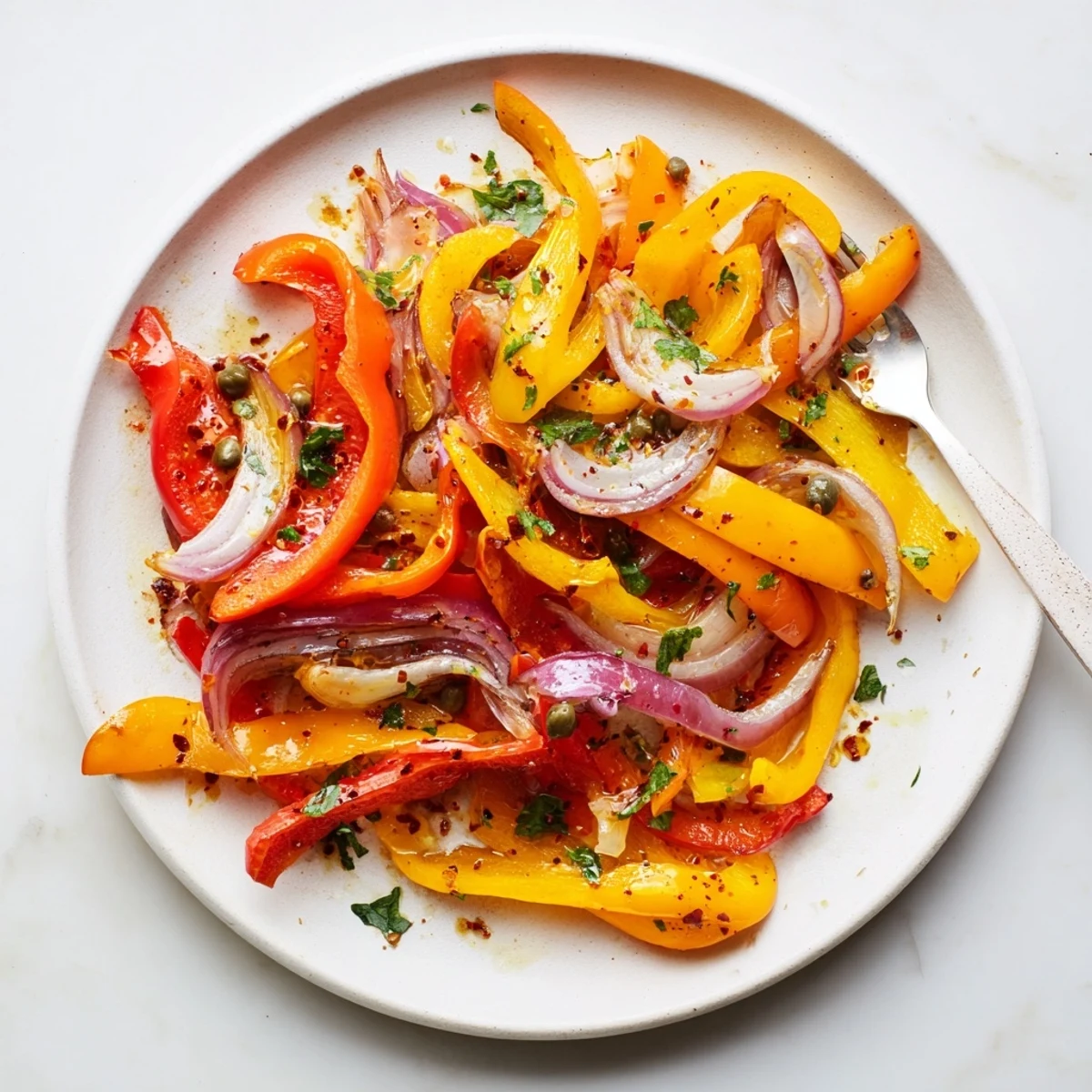 Vegan gluten-free smoky roasted bell pepper medley served as vibrant side dish or appetizer