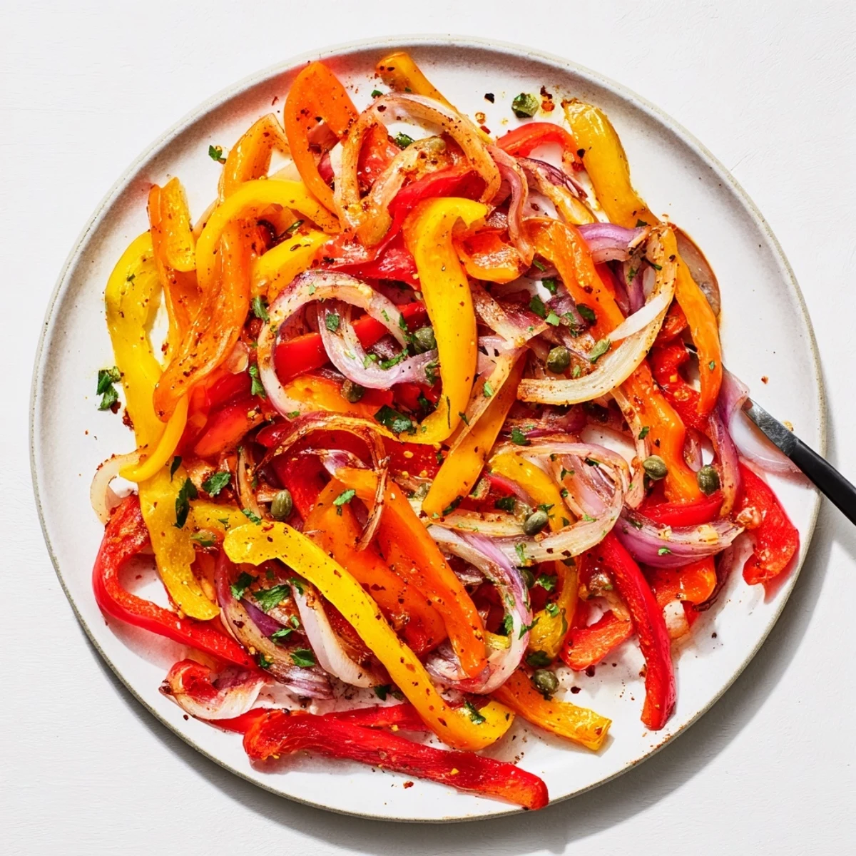 Mediterranean-style roasted bell peppers in red yellow orange hues drizzled with balsamic vinegar
