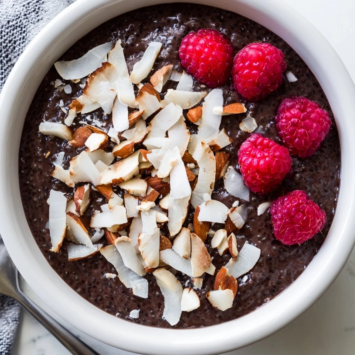Creamy chocolate almond coconut chia pudding topped with toasted almonds and shredded coconut in a glass bowl