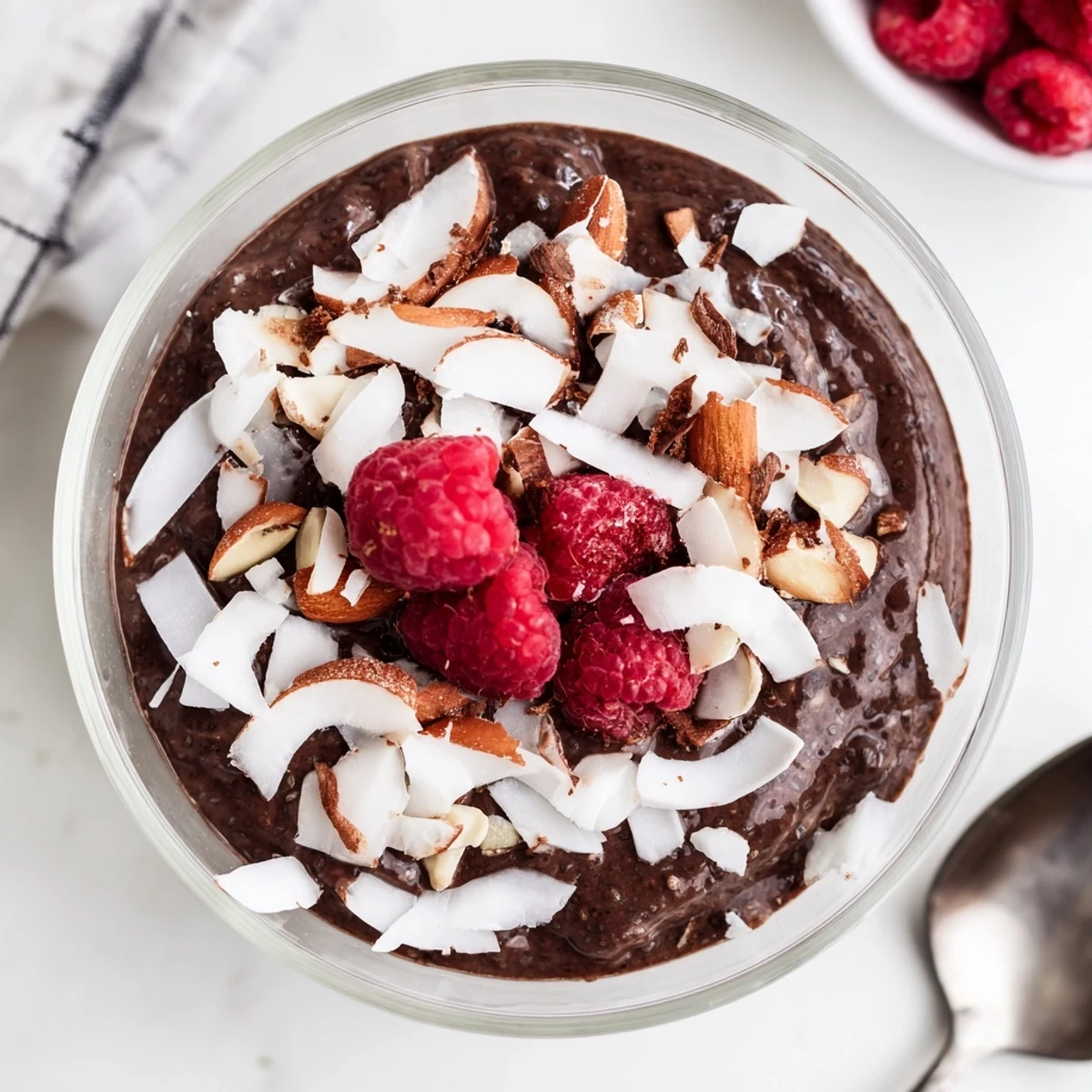 Rich vegan chocolate chia pudding featuring layered coconut milk and crunchy almond garnish on a white background