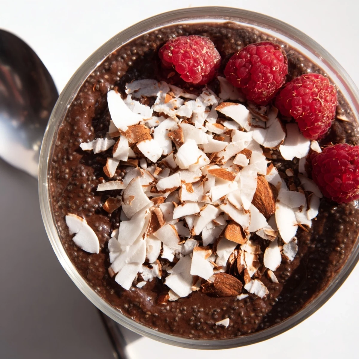 Decadent chocolate almond coconut chia pudding dessert sprinkled with fresh berries and toasted coconut flakes