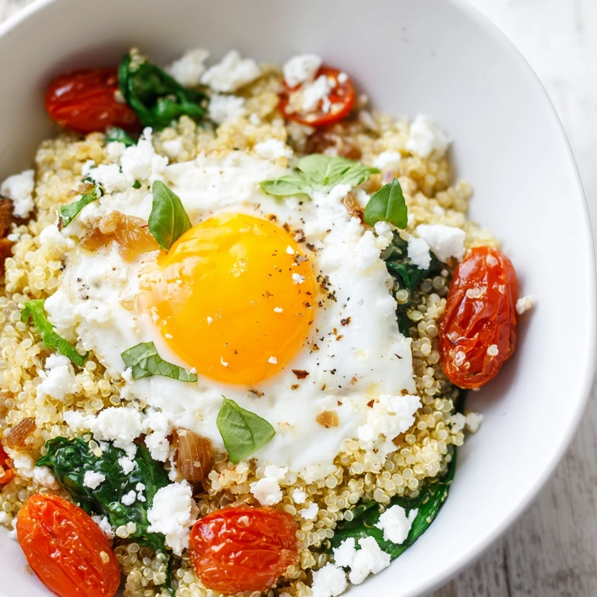 Fluffy quinoa breakfast bowl topped with juicy cherry tomatoes fresh basil and fried egg