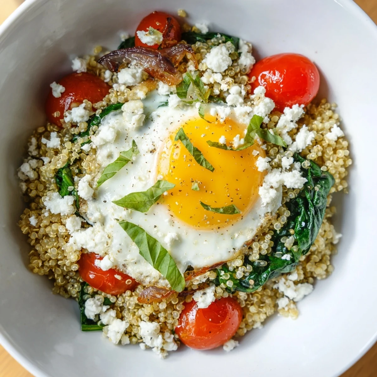 Vibrant Mediterranean breakfast bowl featuring quinoa with sautéed spinach tomatoes and crumbled feta cheese