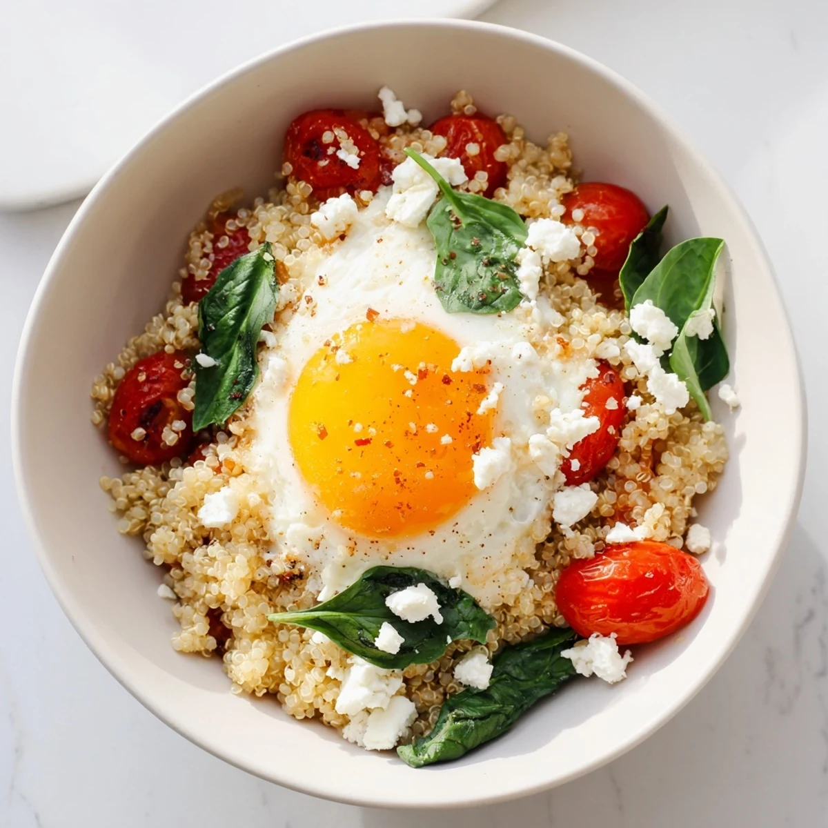 Golden quinoa breakfast bowl with poached eggs cherry tomatoes and fragrant fresh basil garnish