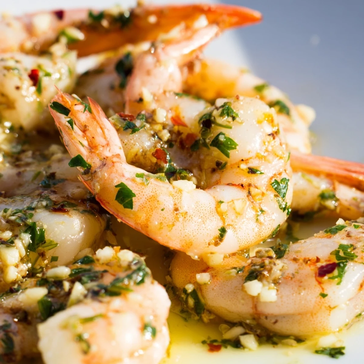 Golden garlic lemon herb shrimp skillet sizzling in a pan with fresh parsley garnish and lemon wedges