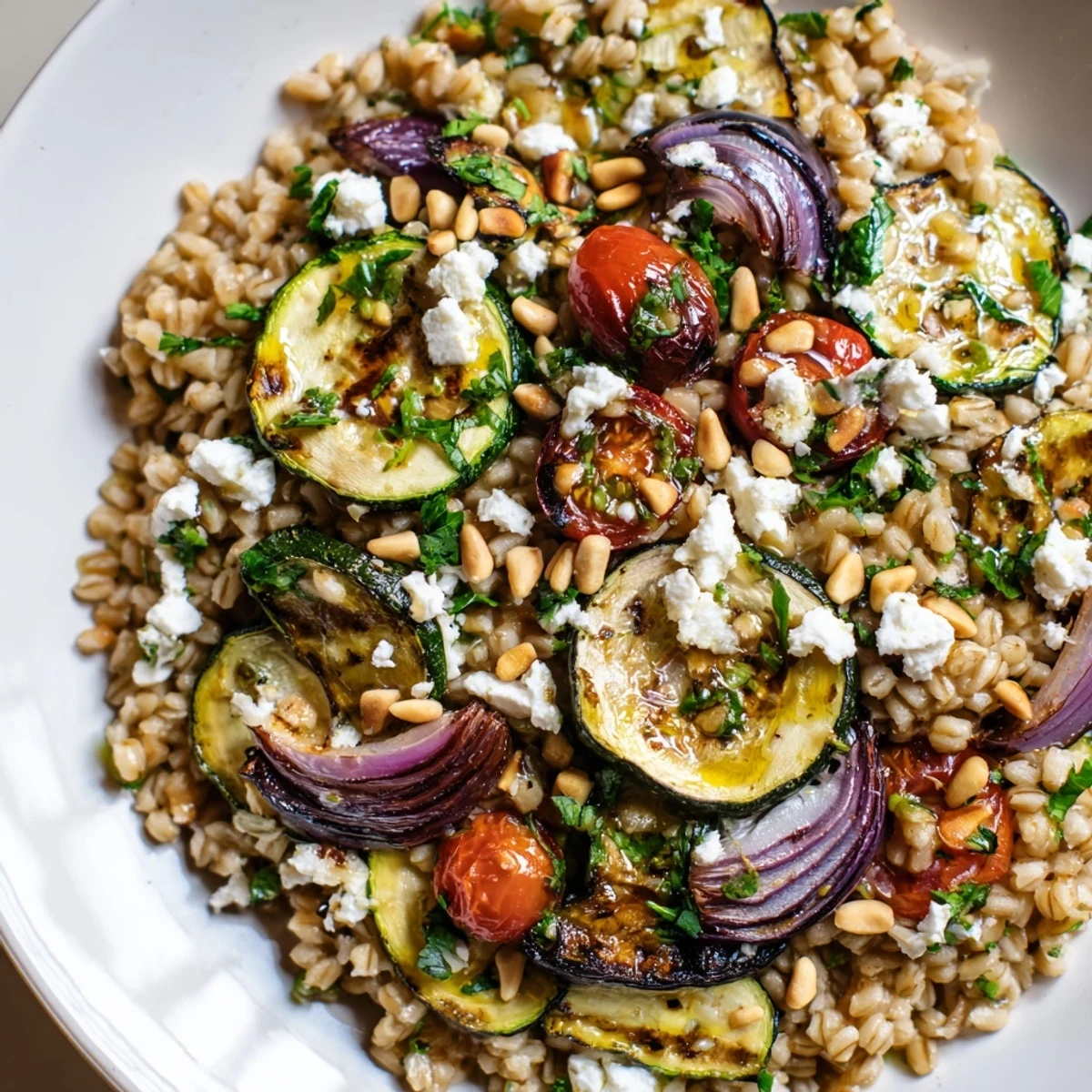 Golden roasted zucchini and nutty barley tossed in bright lemon-herb dressing, garnished with toasted pine nuts and crumbled feta cheese.
