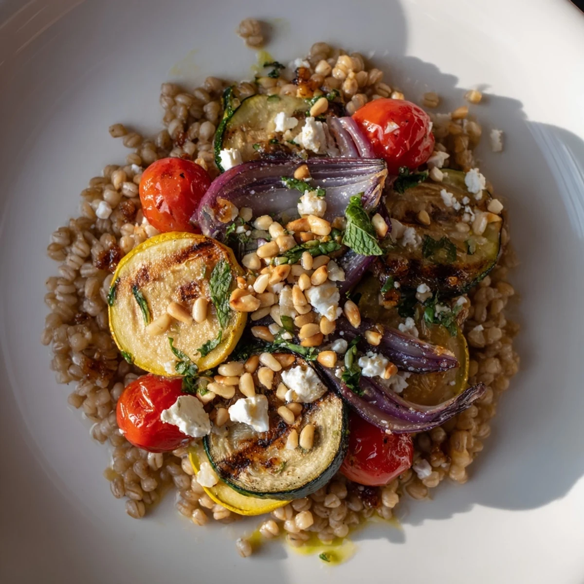 Warm Mediterranean salad featuring tender pearl barley mixed with caramelized zucchini, red onion, and cherry tomatoes in a zesty lemon vinaigrette.