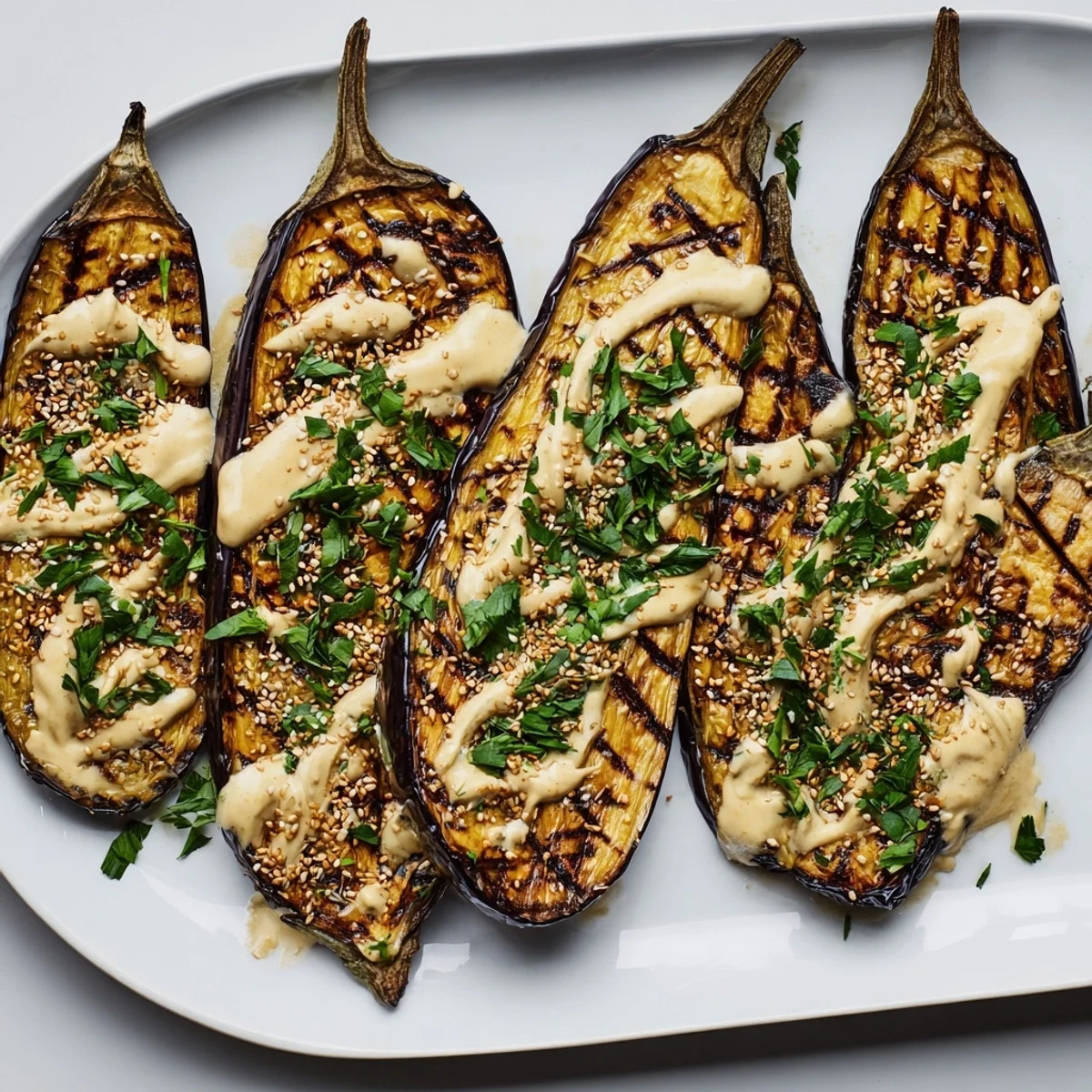 Golden roasted eggplant halves drizzled with creamy lemon tahini sauce and fresh parsley garnish
