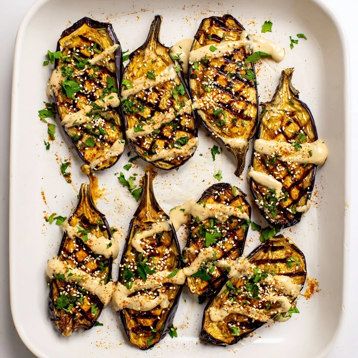 Middle Eastern roasted eggplant with velvety tahini sauce, smoked paprika, and chopped parsley topping