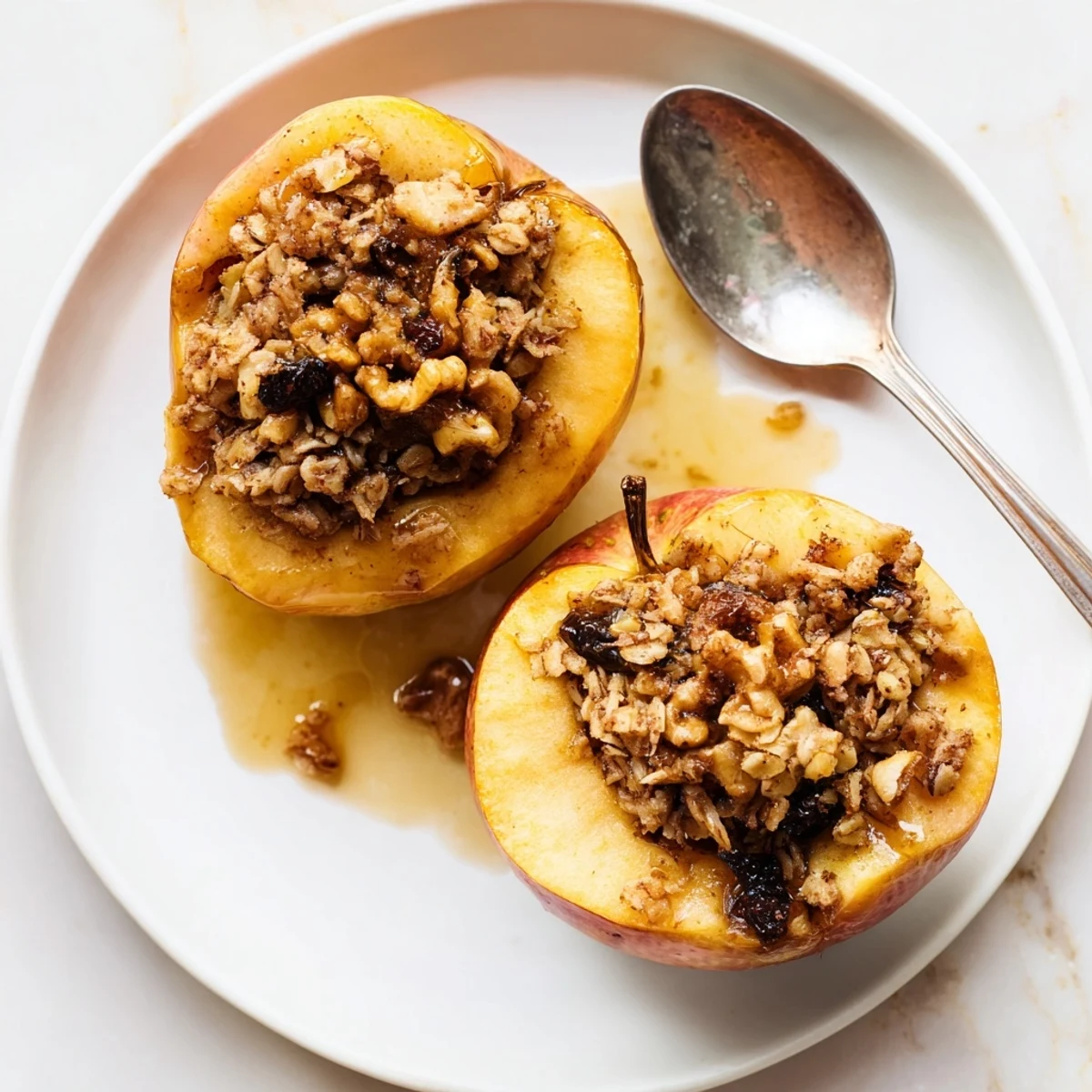 Tender baked apples filled with cinnamon oats and pecans topped with maple glaze on white plate