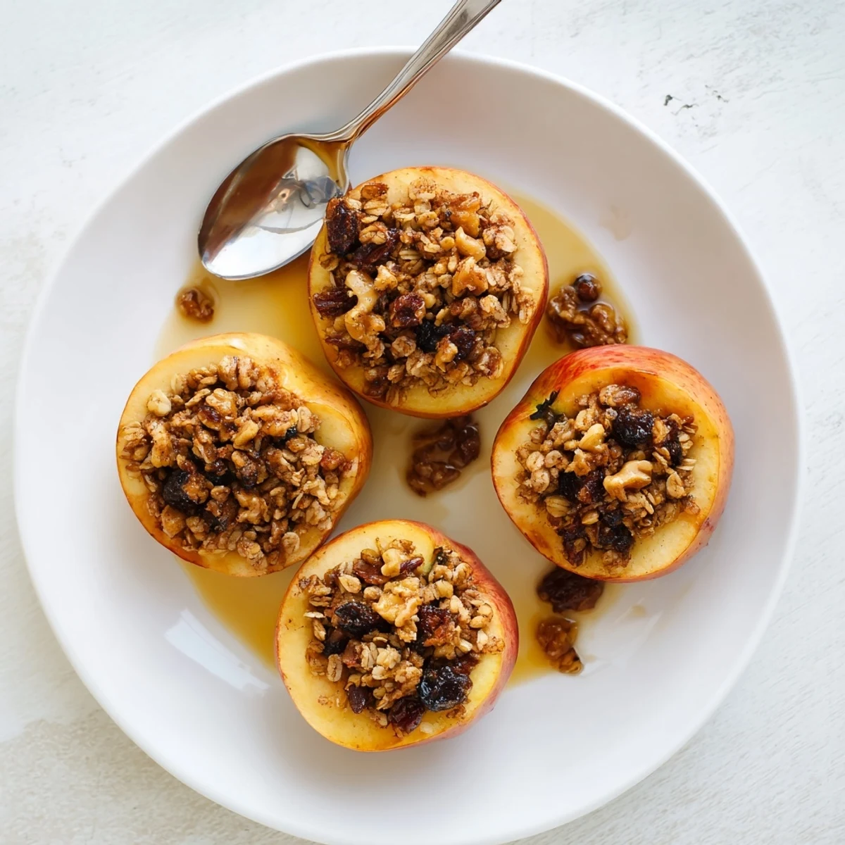 Warm maple cinnamon baked apples with oat crumble filling served with extra syrup for cozy dessert