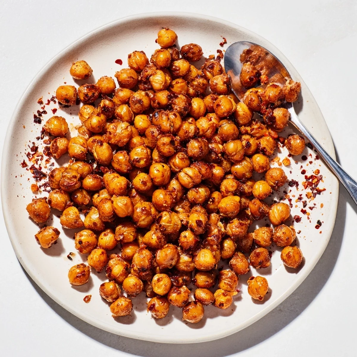 Roasted chickpeas glazed with spicy sweet honey mixture on wooden board