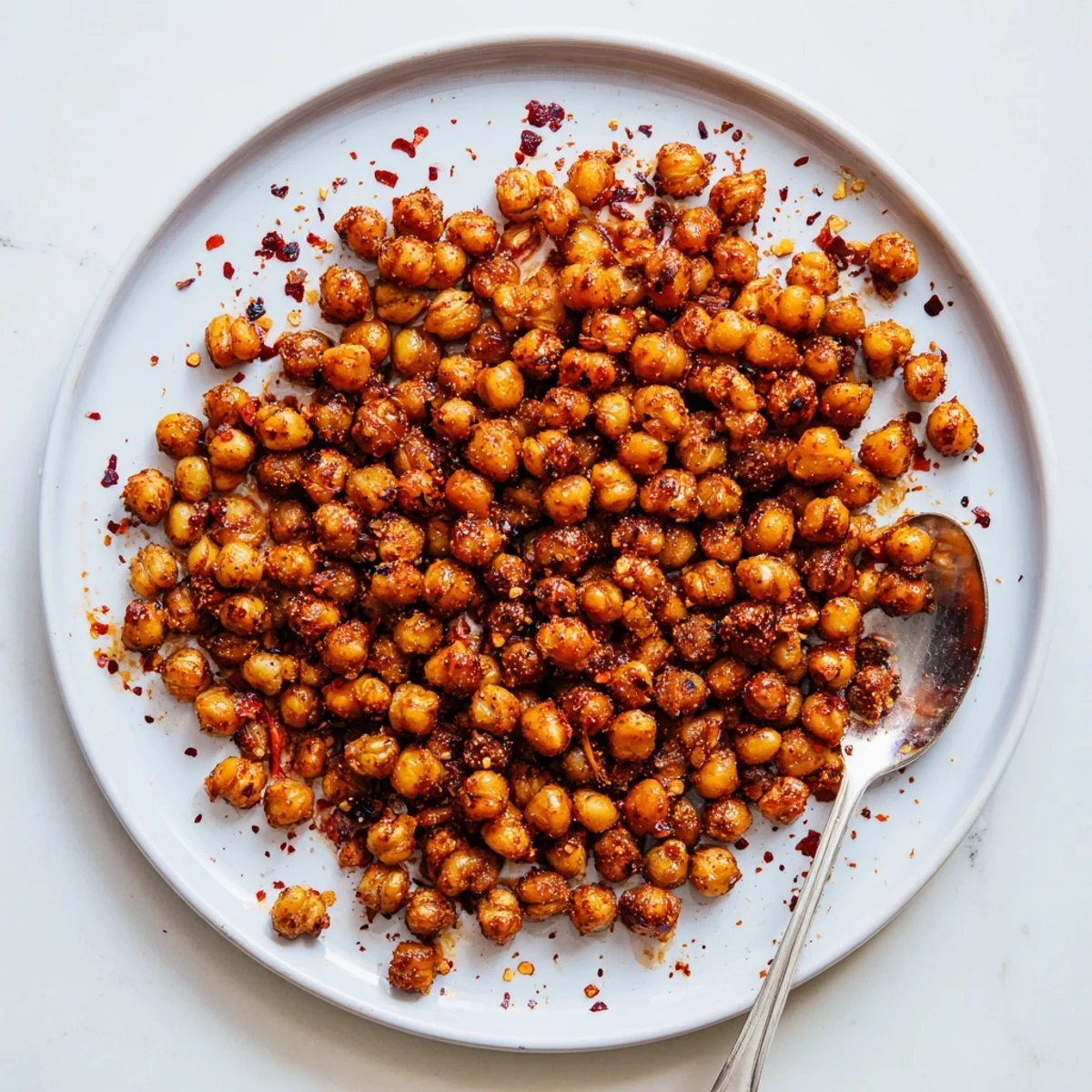 Golden brown crispy chili honey chickpeas arranged on a white serving plate