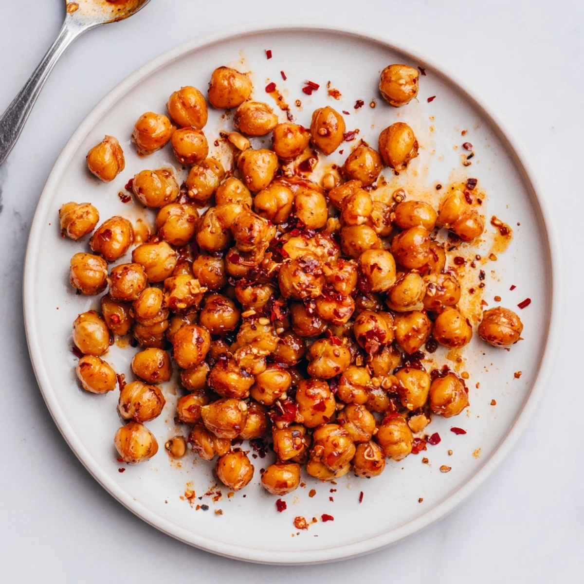 Close up of crunchy chili honey chickpeas in rustic ceramic bowl