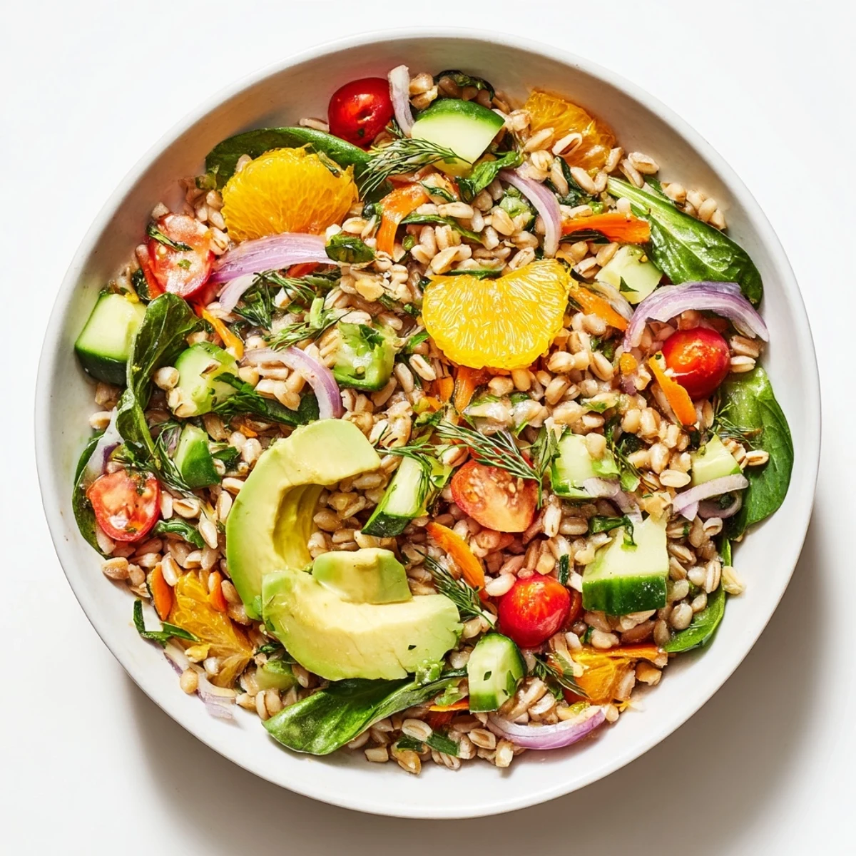 Colorful citrus herb farro garden bowl with fresh vegetables and avocado slices