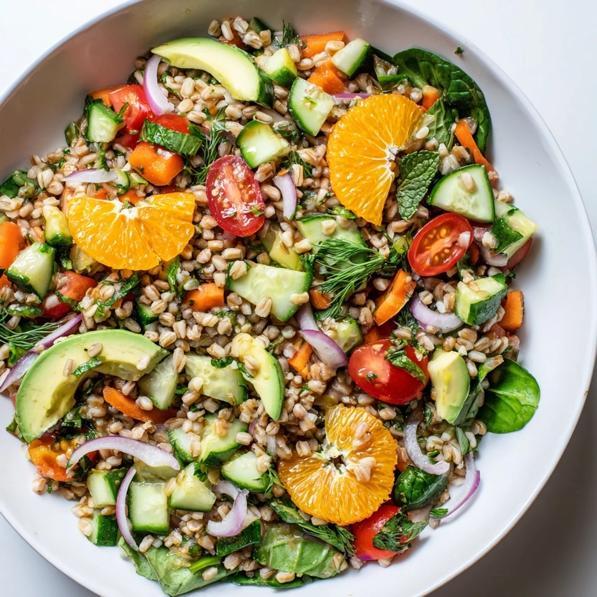 Wholesome citrus herb farro garden bowl topped with juicy orange segments and greens