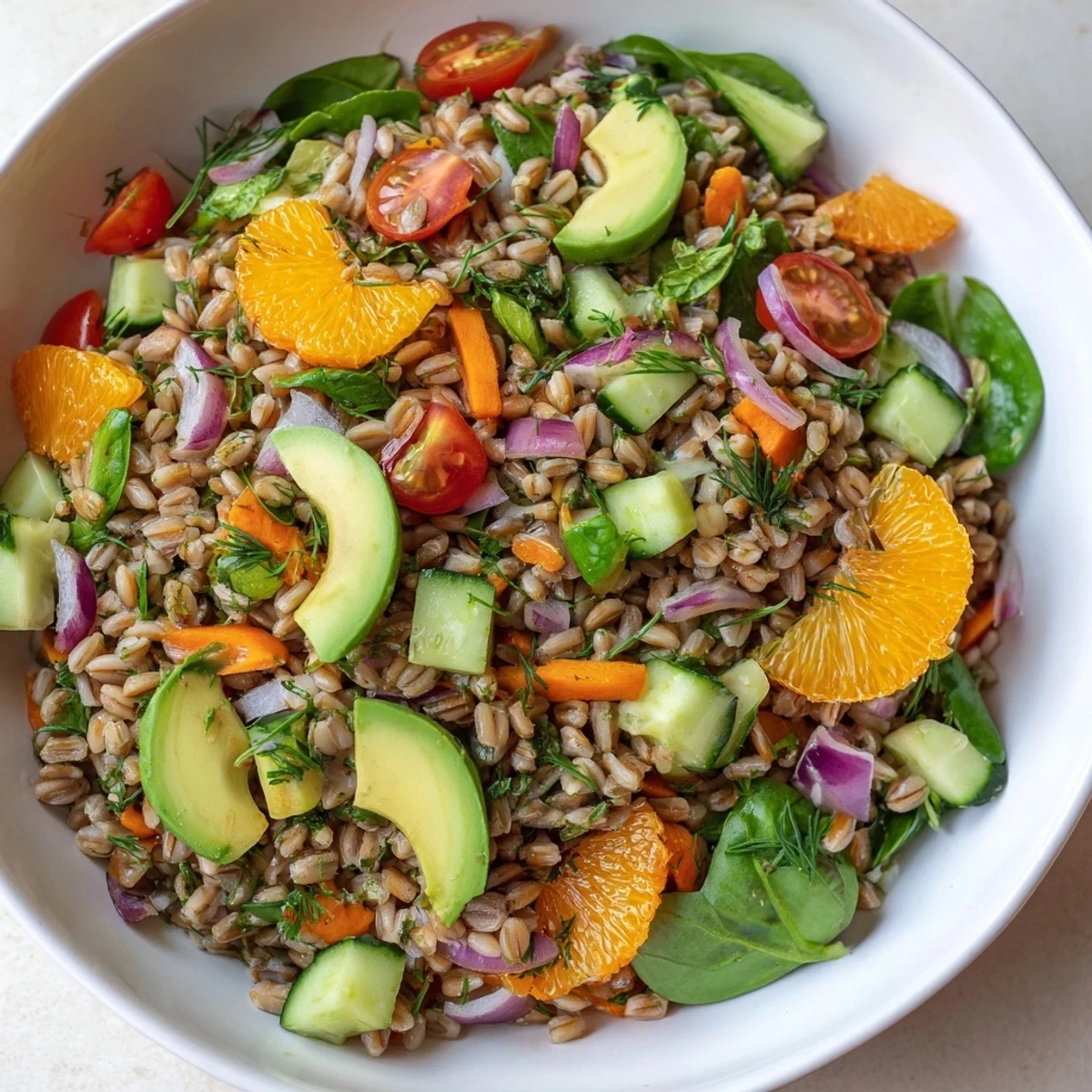 Vibrant citrus herb farro garden bowl featuring cherry tomatoes cucumber and fresh herbs