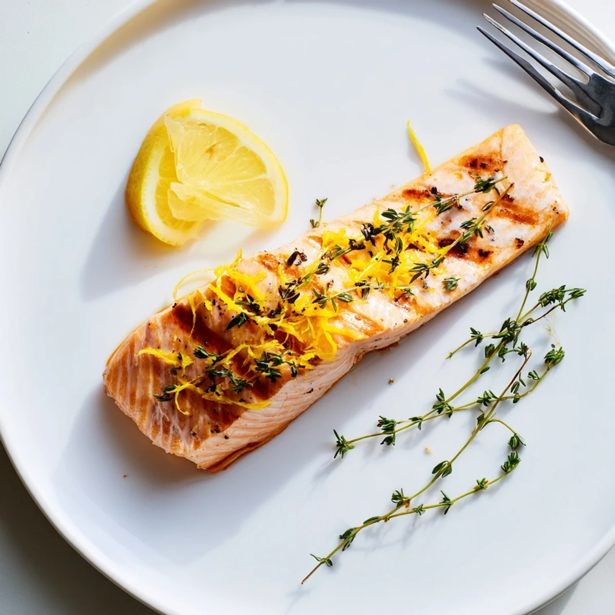 Perfectly grilled lemon thyme salmon with bright citrus marinade and flaky tender texture