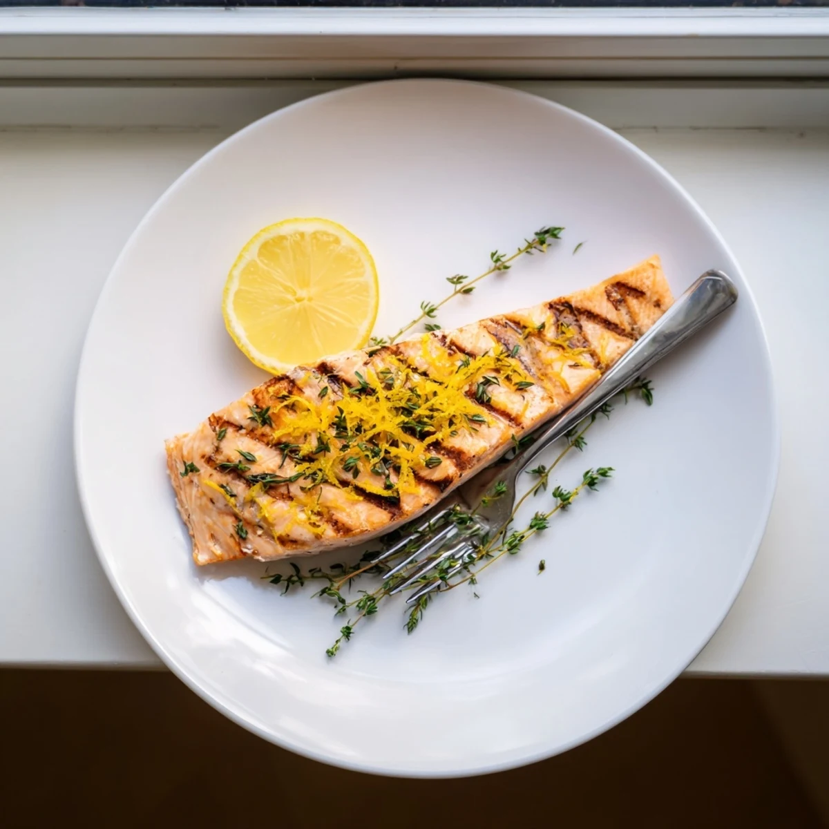 Juicy salmon fillets seasoned with zesty lemon and aromatic thyme grilled to perfection