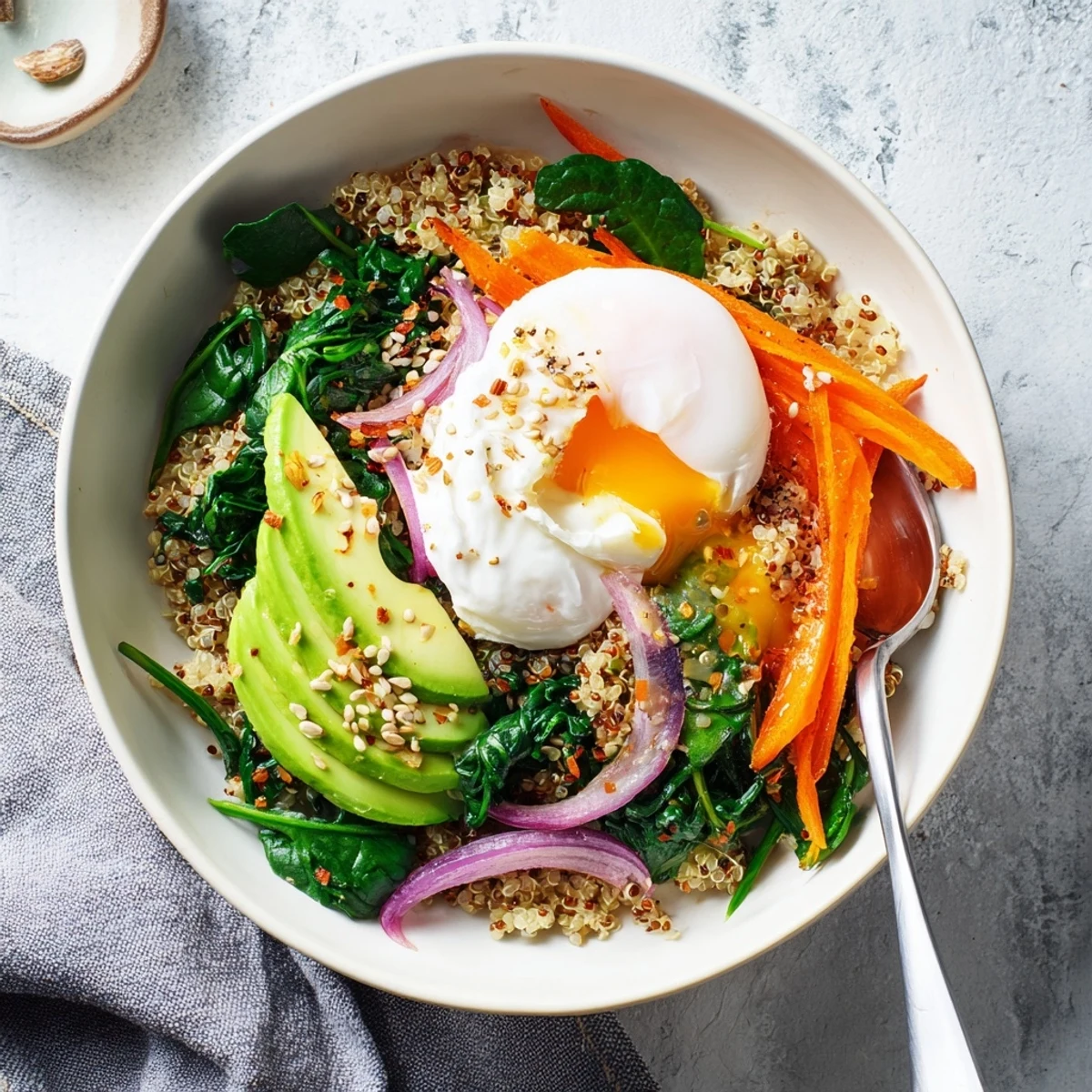 Colorful vegetarian breakfast bowl featuring wilted spinach, tender carrots, sliced avocado, and a perfectly poached egg garnished with crunchy mixed seeds