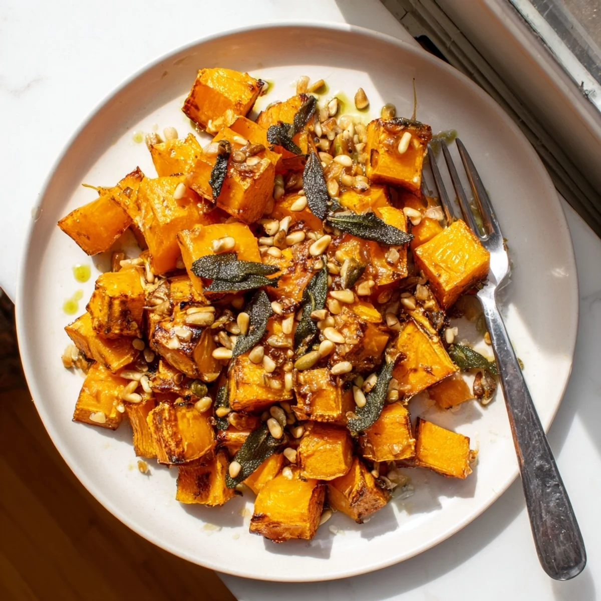 Rustic wooden serving board piled high with caramelized roasted butternut squash drizzled with fragrant sage-infused olive oil