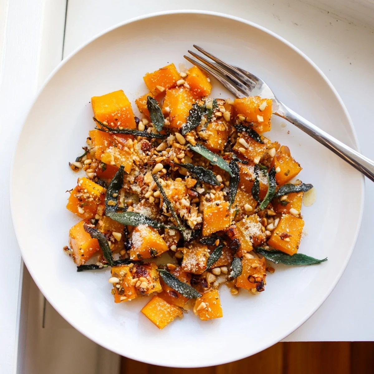 Golden roasted butternut squash cubes arranged on a white platter with crispy fried sage leaves scattered across the top
