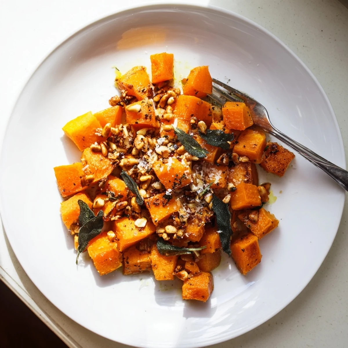 Close-up of tender roasted butternut squash pieces glistening with sage oil and garnished with fresh green sage ribbons