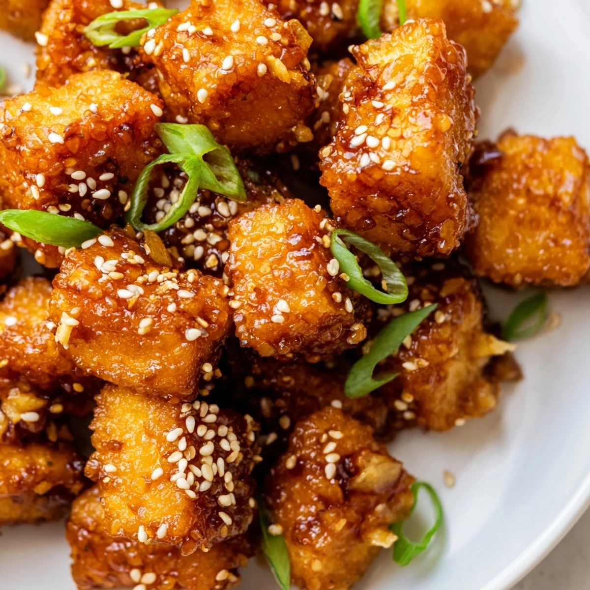 Golden crispy ginger garlic tofu cubes glazed in savory sauce with sesame seeds