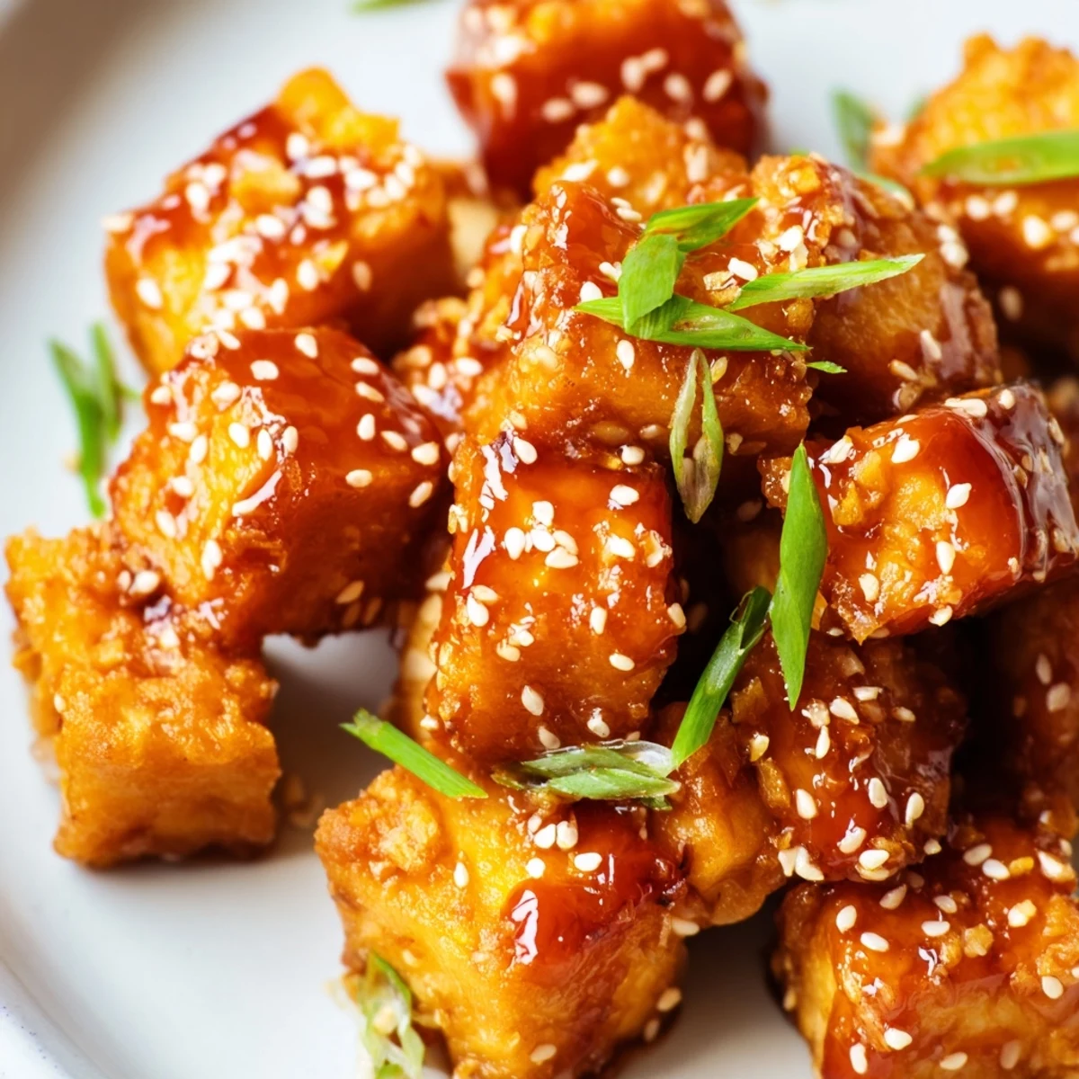 Vegan crispy ginger garlic tofu skillet with aromatic garlic ginger sauce and green onions