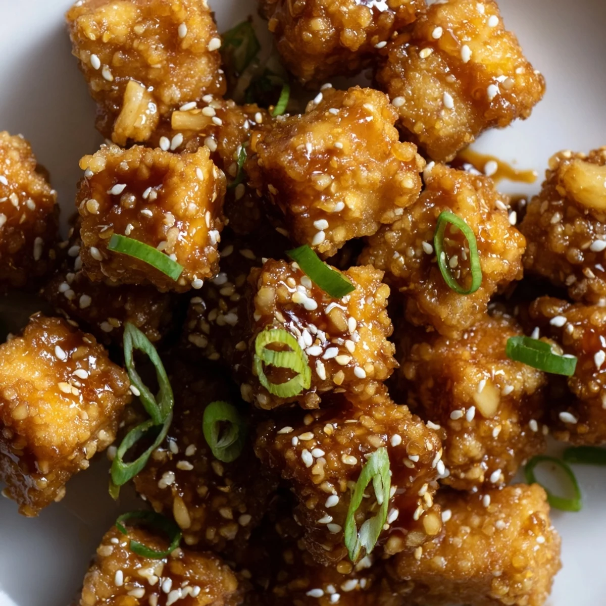 Pan-fried crispy ginger garlic tofu pieces coated in sticky umami sauce with garnish