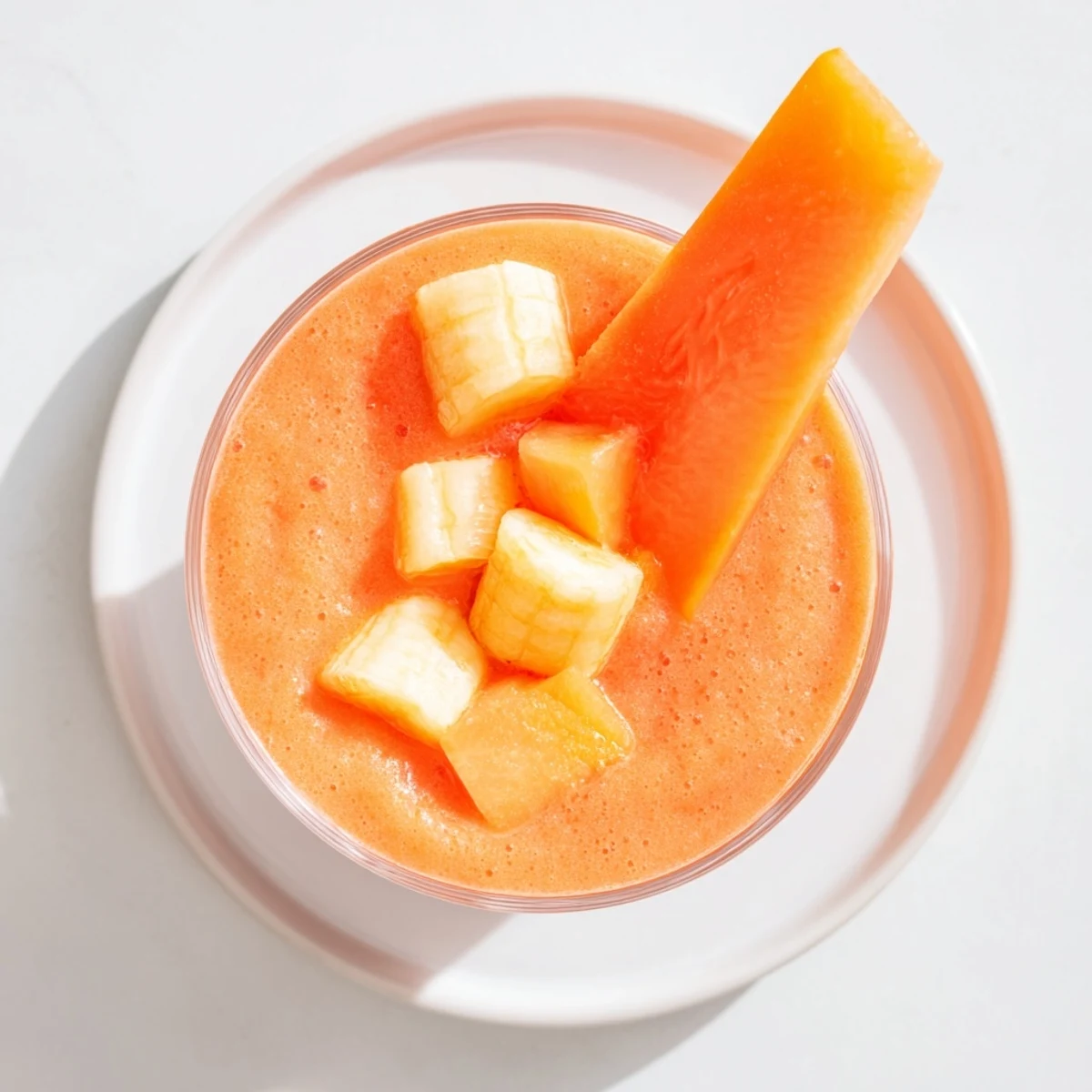 Tropical papaya coconut smoothie poured into a glass with fresh papaya wedge garnish