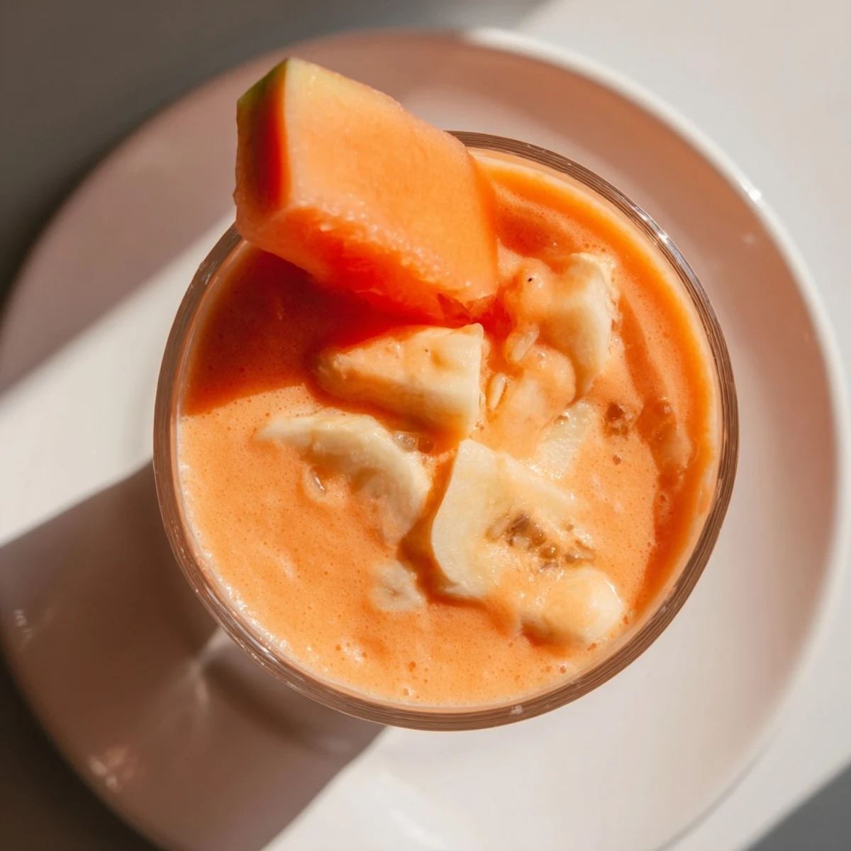 Creamy vegan papaya coconut smoothie blended with ice and lime juice