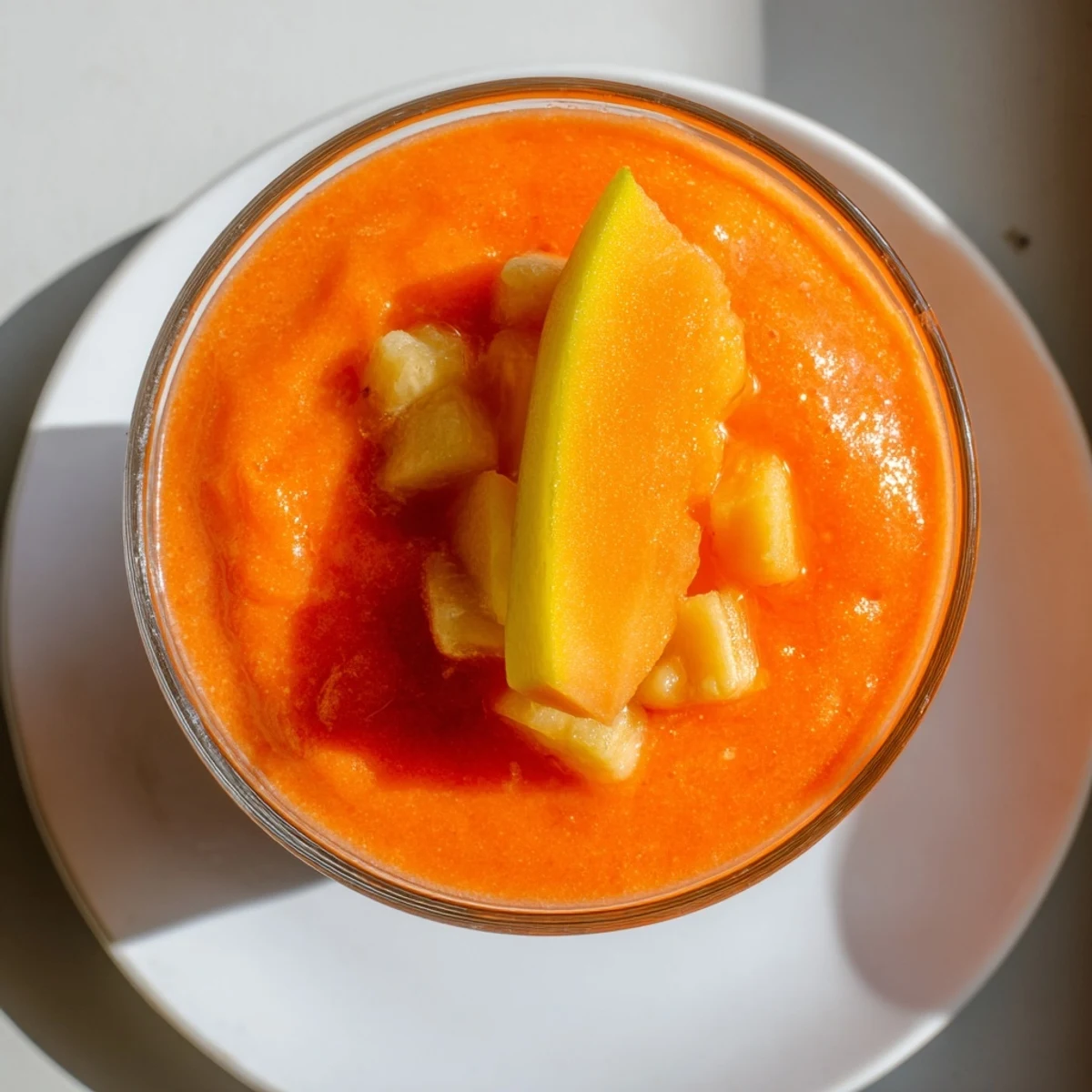 Golden papaya coconut smoothie in tall glass with toasted coconut flakes topping