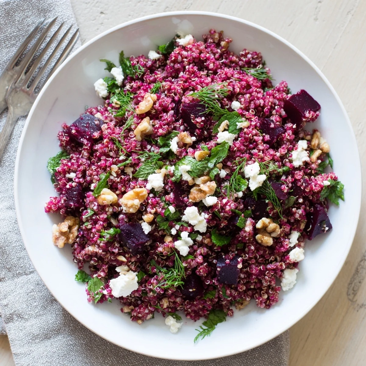 Fluffy quinoa mixed with sweet caramelized beets and fresh parsley mint dill herbs on rustic wooden board