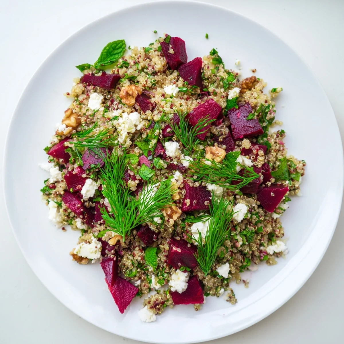Vibrant vegetarian quinoa beet salad topped with crumbled feta and toasted walnuts for a nutritious light meal