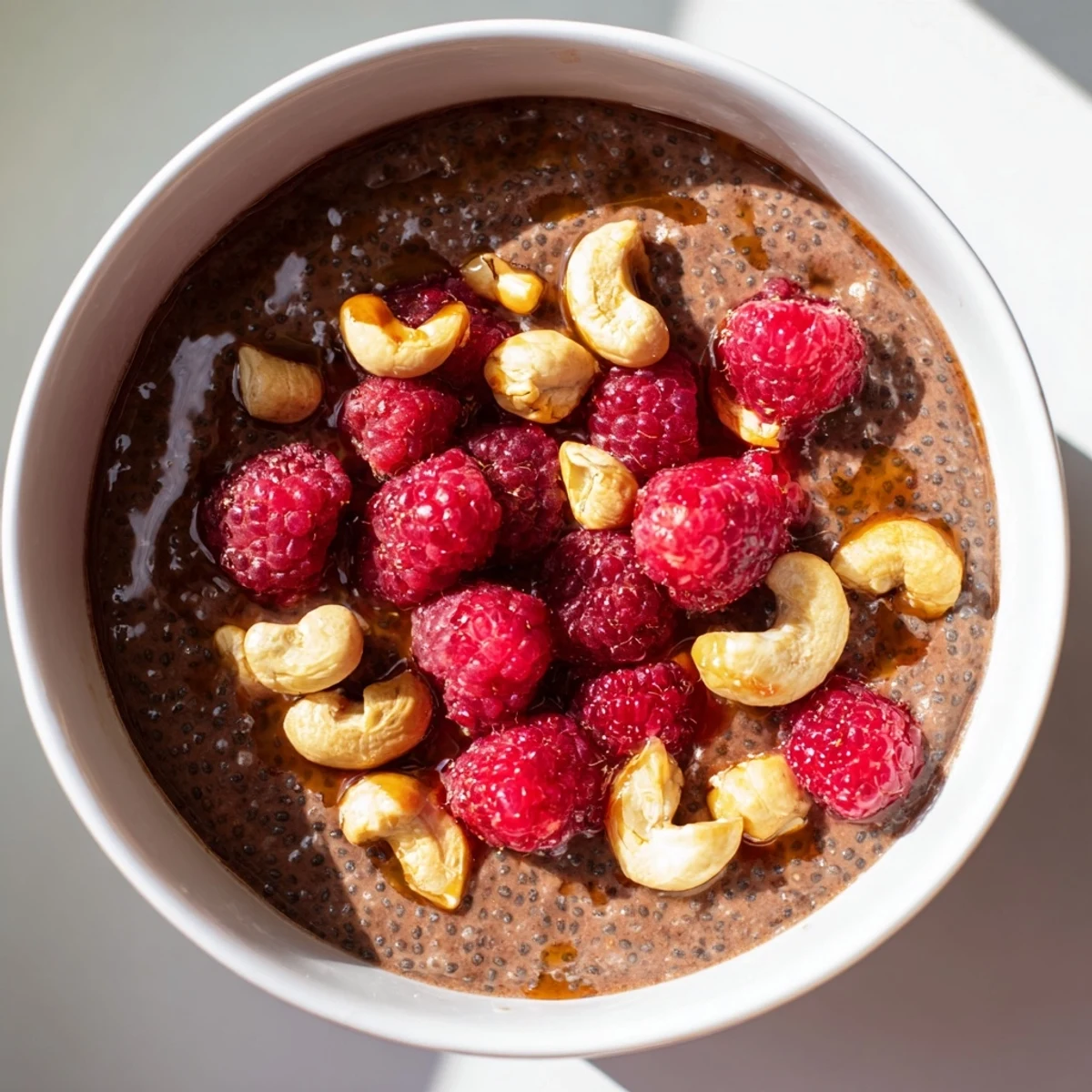 Creamy vegan chocolate chia pudding with chopped cashews and shaved dark chocolate dessert garnish