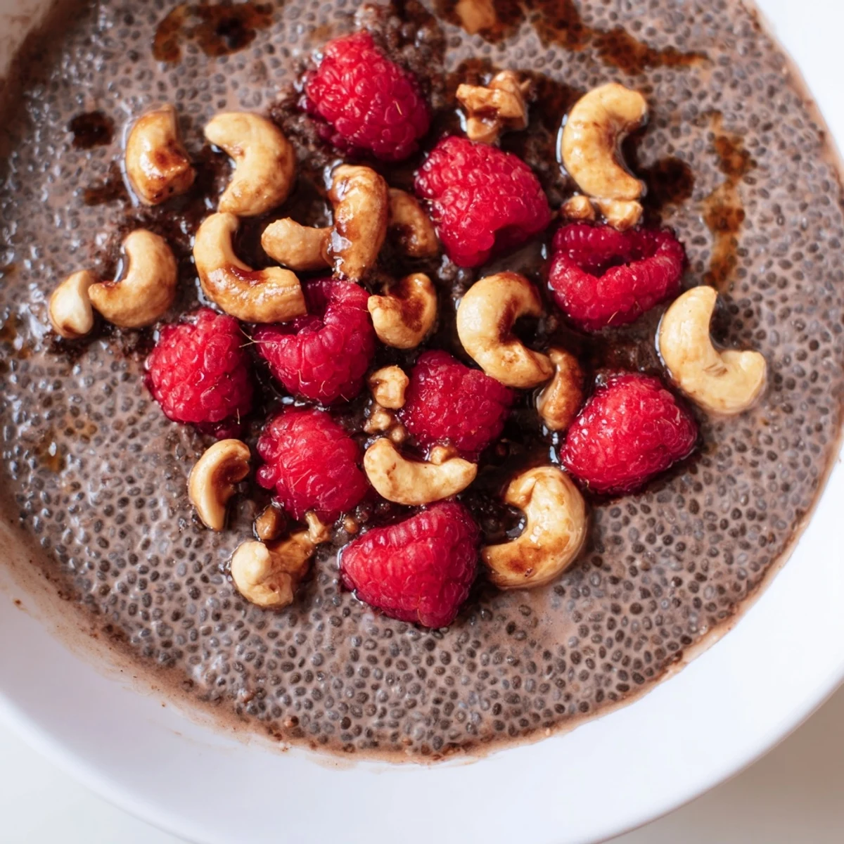 Thick chocolate cashew chia pudding breakfast bowl layered with banana slices and crunchy cashews