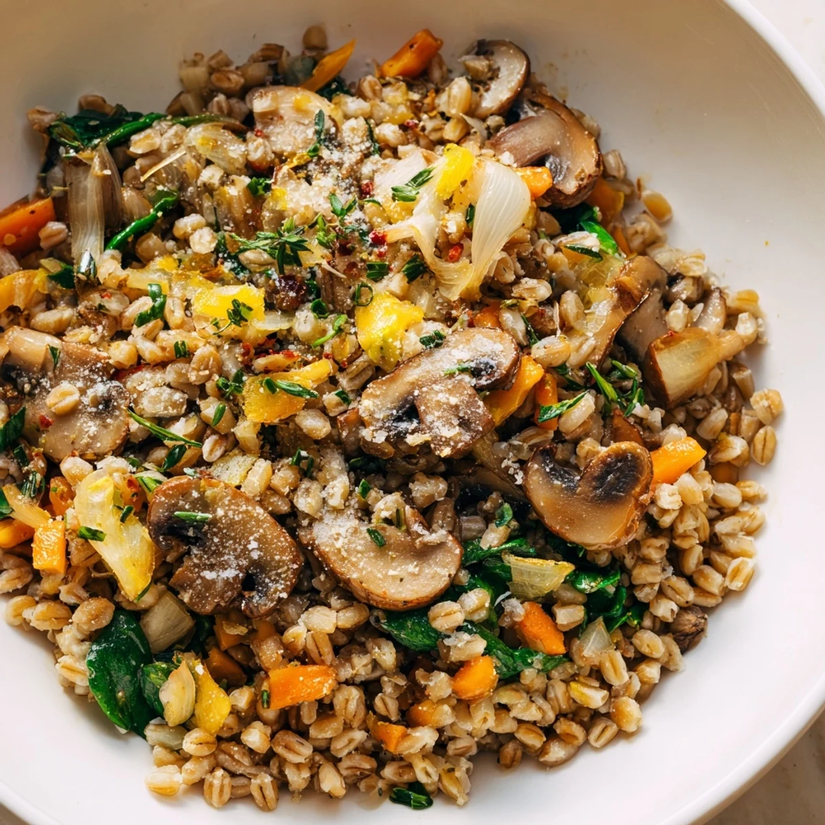 Warm farro and mushroom herb bowl featuring tender spinach and aromatic thyme in a rustic serving