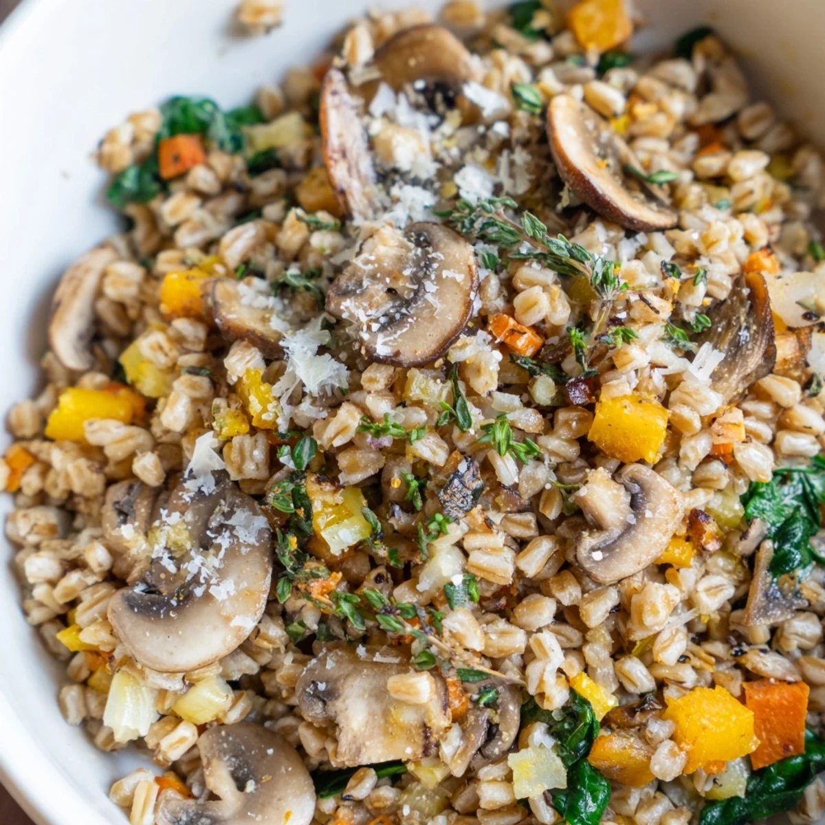 Golden brown mushrooms and chewy farro bowl garnished with fresh parsley and grated Parmesan cheese