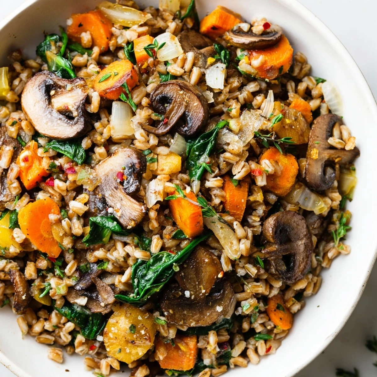 Savory vegetarian farro bowl with sautéed cremini mushrooms, diced carrots, and bright green chives