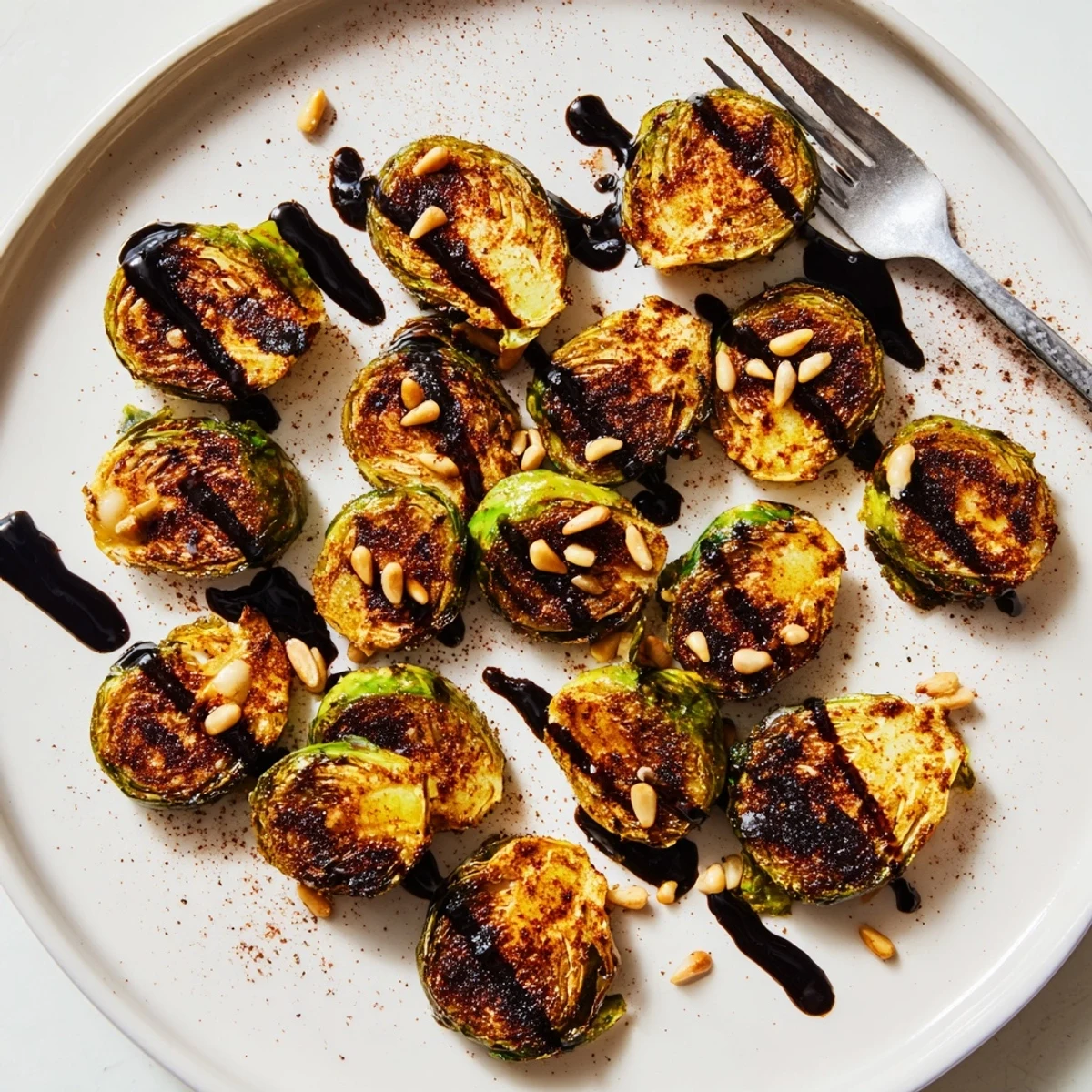 Golden brown smoky roasted Brussels sprouts with crispy caramelized edges on a white serving platter