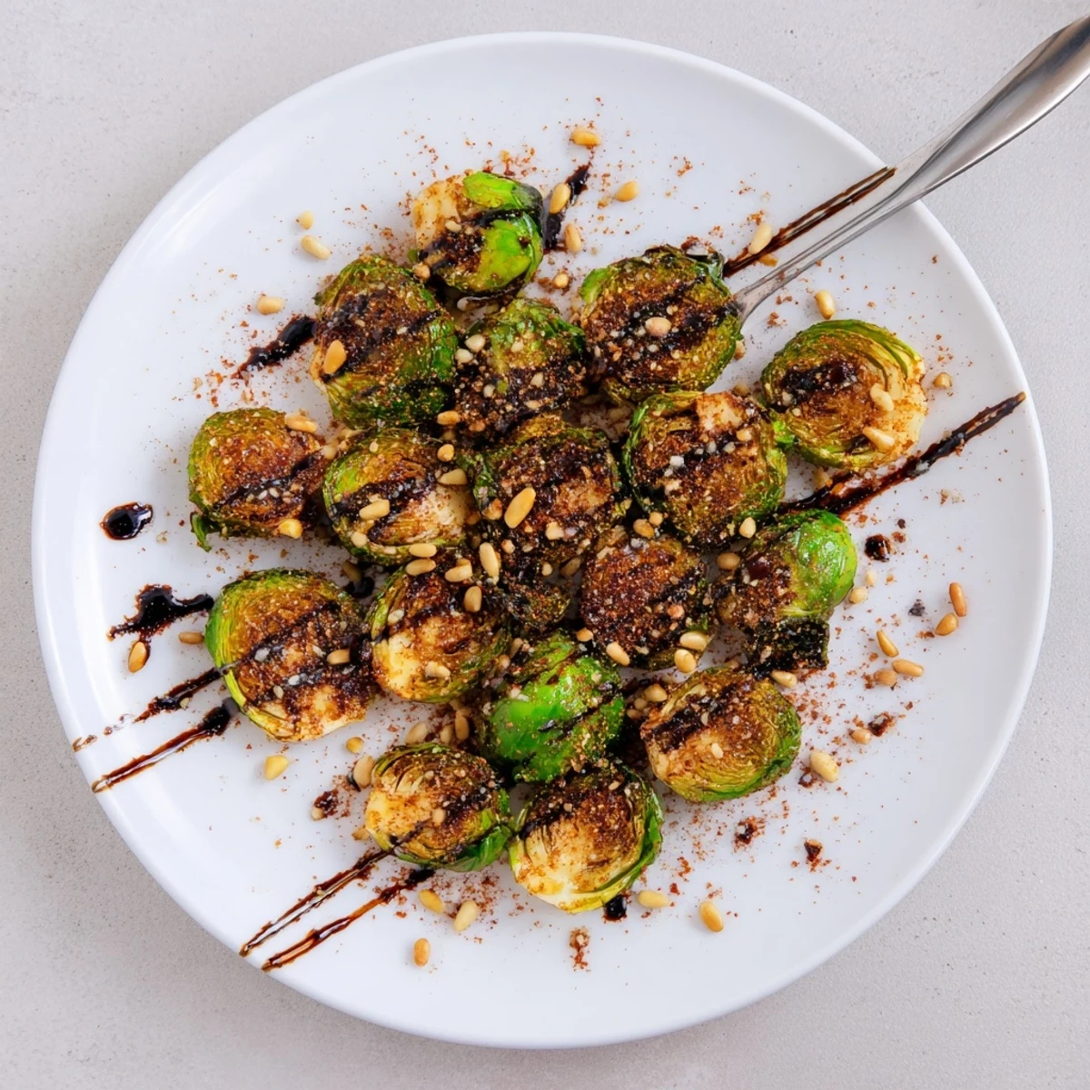 Vegan gluten-free side dish featuring charred roasted sprouts drizzled with balsamic and toasted nuts