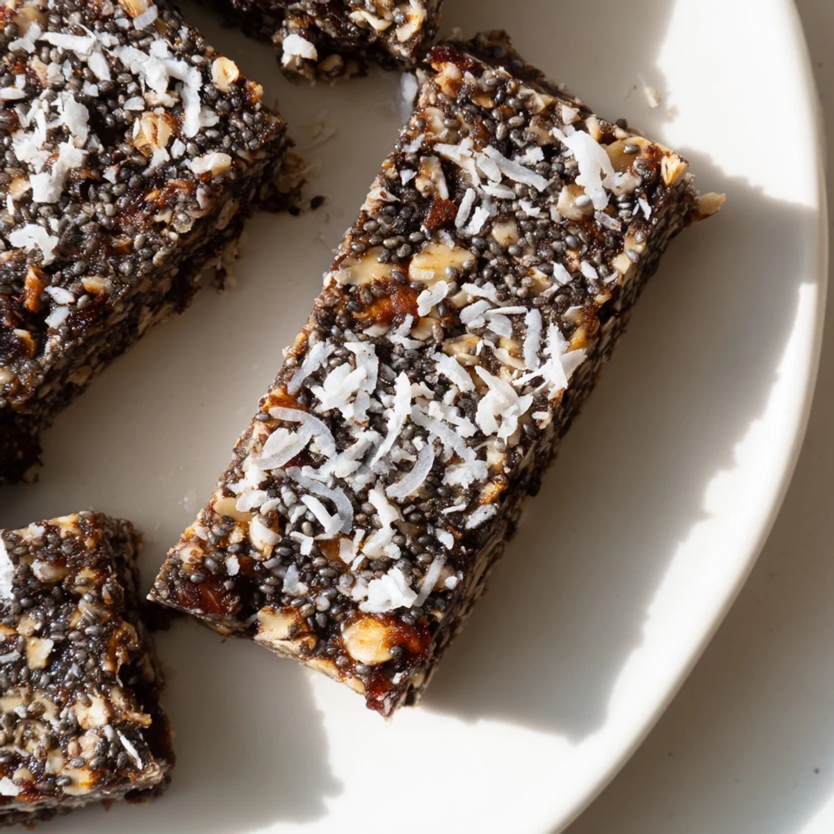 Golden vanilla almond date bars with coconut topping sliced on wooden board