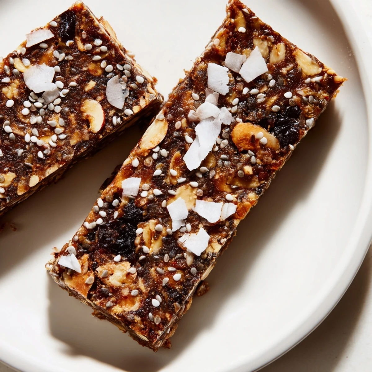 Homemade vanilla almond date bars with chia seeds on white parchment paper
