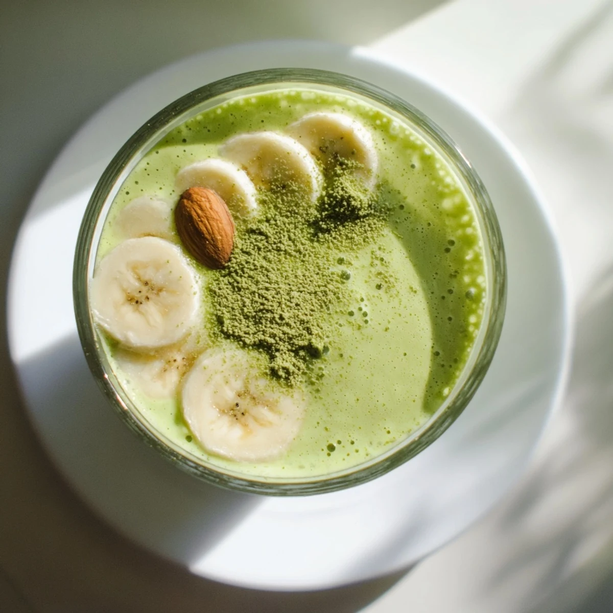 Creamy banana matcha almond smoothie poured into glasses with vibrant green color and smooth texture